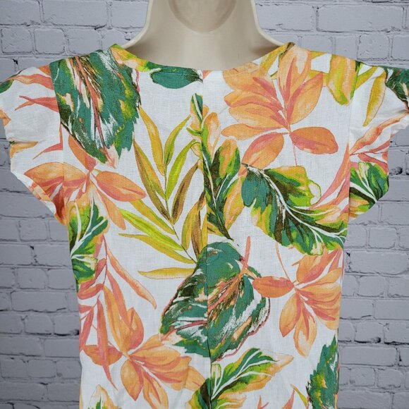 Nicole Miller Multicolor 100% Linen Leaf Print Flutter Sleeve Shift Dress XS - Picture 6 of 10